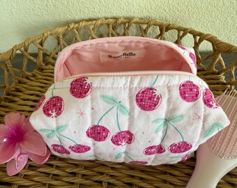 Quilted Disco Cherry Makeup Bag: Handmade Cotton Pouch