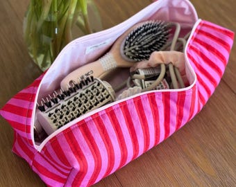 Cabana Stripe Pink And Red Hair Tool Bag, Dyson & Shark Compatible, Handmade Cotton Organizer