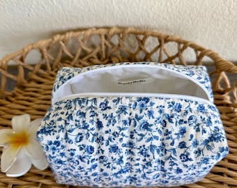 Handmade Quilted Makeup Bag: Blue Floral Boxy Cosmetic Bag
