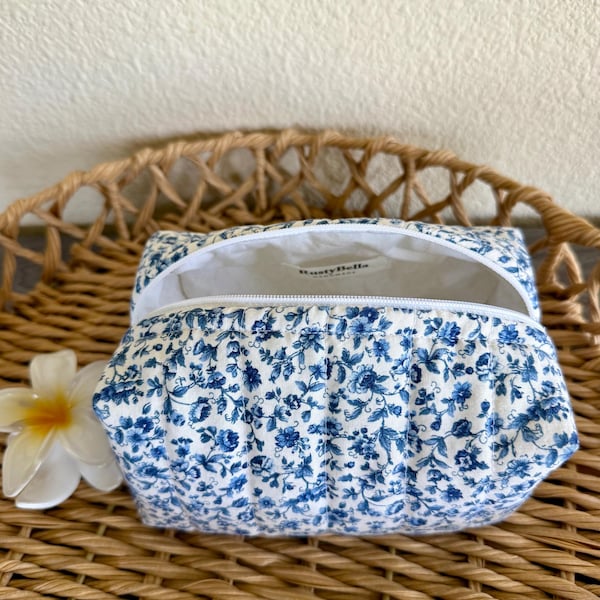 Handmade Quilted Makeup Bag: Blue Floral Boxy Cosmetic Bag