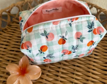 Handmade Quilted Makeup Bag: Peach Gingham Cosmetic Bag