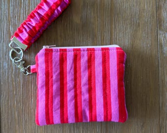 Pink and red striped keychain and wallet set