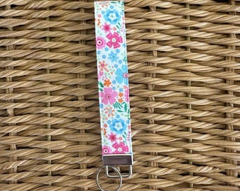 Floral Keychain, Handmade Cotton Wristlet Key Fob