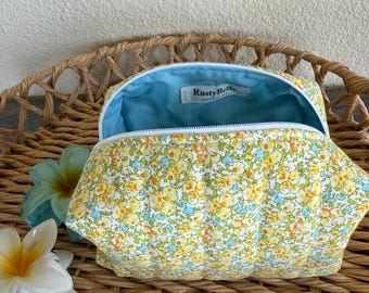 Handmade Quilted Makeup Bag: Floral Cotton Boxy Cosmetic Bag