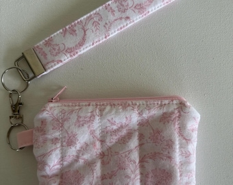 Pink Toile Keychain Wallet Set: Clip-On Coin Pouch