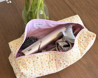 Yellow Floral Hair Tool Bag, Dyson & Shark Compatible, Handmade Cotton Organizer