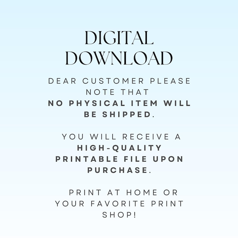 Pode incluir: Gr&aacute;fico de download digital em um fundo gradiente azul claro. O texto diz "DOWNLOAD DIGITAL" no topo, seguido de uma mensagem que afirma que nenhum item f&iacute;sico ser&aacute; enviado. Tamb&eacute;m menciona receber um arquivo imprim&iacute;vel de alta qualidade.