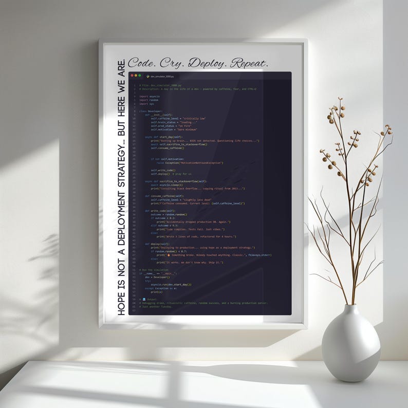 May include: A framed print with the text "Code. Cry. Deploy. Repeat." at the top and "HOPE IS NOT A DEPLOYMENT STRATEGY... BUT HERE WE ARE." on the side. The print displays lines of code in a dark color, inside a white frame.