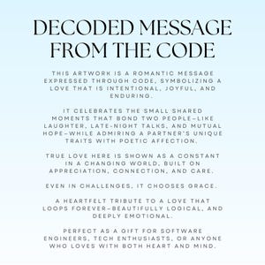 May include: A digital art print with the text "DECODED MESSAGE FROM THE CODE" in a gradient blue background. The text describes a romantic message expressed through code, symbolizing enduring love, perfect for tech enthusiasts.