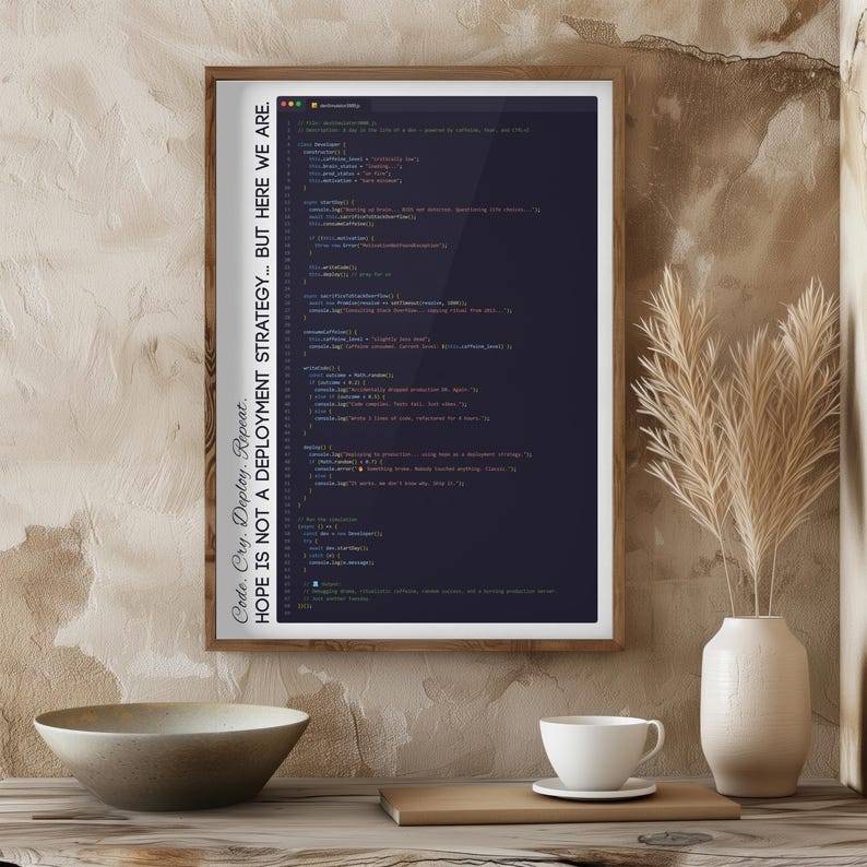 May include: A framed print featuring lines of code in a dark blue color, with the text "Code. Cry. Deploy. Repeat. HOPE IS NOT A DEPLOYMENT STRATEGY... BUT HERE WE ARE." in a vertical orientation. The frame is a light brown color.