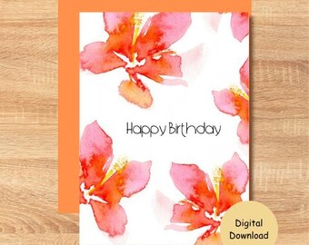 Watercolor Floral Printable Birthday Card Instant Download - Etsy