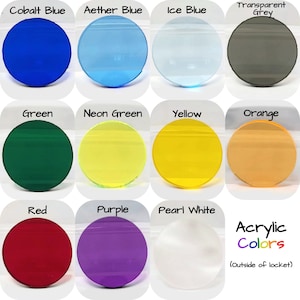 May include: A collection of twelve round acrylic pieces in various colors, including cobalt blue, aether blue, ice blue, transparent grey, green, neon green, yellow, orange, red, purple, and pearl white. The text "Acrylic Colors" is also present.