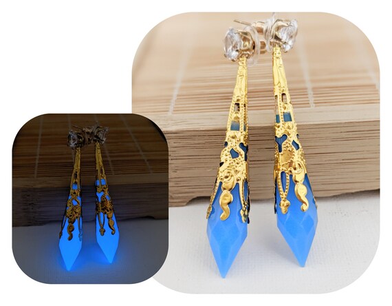 FFXIV Inspired Aetheryte Earrings Glow in the Dark Blue and Gold