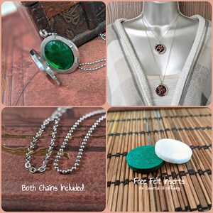 May include: Silver locket necklace with a green oval-shaped glass insert. The locket is open, revealing the inside. The image also shows two different chain styles, and felt inserts for essential oil diffusing. Text on the image reads "Both Chains Included!" and "Free Felt Inserts For Essential Oil Diffusing."