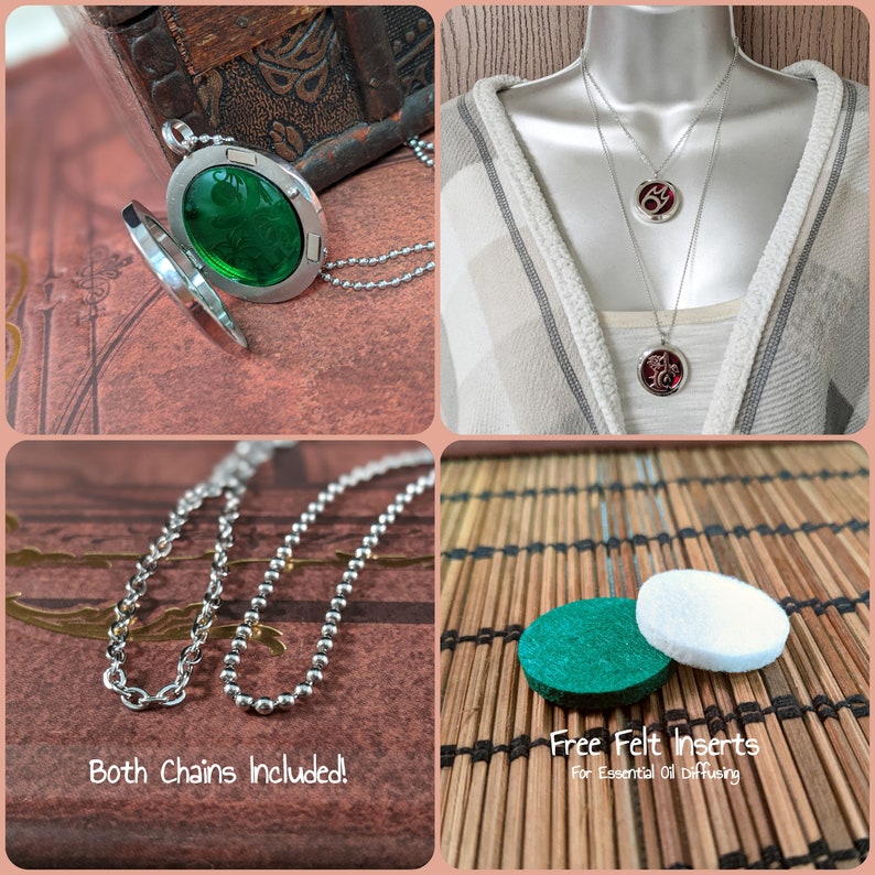 May include: Silver locket necklace with a green oval-shaped glass insert. The locket is open, revealing the inside. The image also shows two different chain styles, and felt inserts for essential oil diffusing. Text on the image reads "Both Chains Included!" and "Free Felt Inserts For Essential Oil Diffusing."