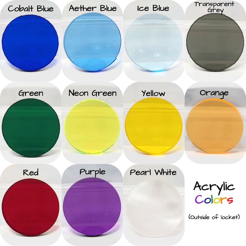 May include: A collection of twelve round acrylic pieces in various colors, including cobalt blue, aether blue, ice blue, transparent grey, green, neon green, yellow, orange, red, purple, and pearl white. The text "Acrylic Colors" is also present.