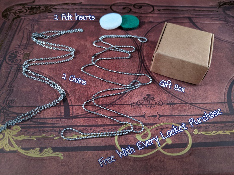 May include: An image showcasing jewelry components. It includes two silver chains, two felt inserts (white and green), and a small brown gift box. The text "Free With Every Locket Purchase" is also visible.