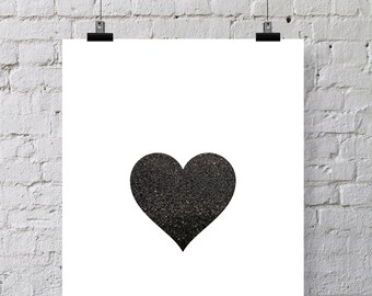 Black Glitter Heart Printable - 8x10 Instant Digital Download - Black & White Printable