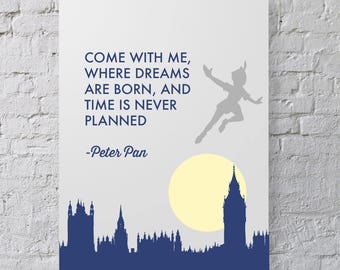 Peter Pan Quote Neverland Navy Blue Grey Yellow Printable ~ 8x10 Instant Download ~ Peter Pan Baby Shower