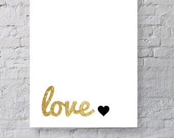 Love Printable - 8x10 Instant Digital Download - Black and Gold Glitter