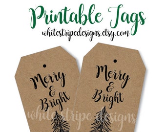 DIY Printable Merry & Bright Christmas Tree Gift Tags, Holiday or Party Favors, Vintage Christmas - 8 Per Sheet - Instant Download