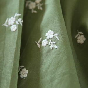 Green Floral Linen Fabric- Daisy Fabric- Quilting Fabric- Designer- Embroidered Fabric- Wedding Dress- By The Half Yard
