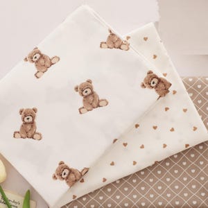 Bear Brown White Love Heart Geometric Cotton Fabric- Handmade DIY Fabric- Cute fabric- Sewing Fabric- By The Half Yard
