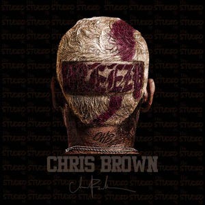 May include: A close-up of a man's head with a shaved head and a red design on the back of his head. The design is a stylized word that is difficult to read. The man is wearing a gold chain around his neck. The background is black with the words "Studio" repeated in a pattern.