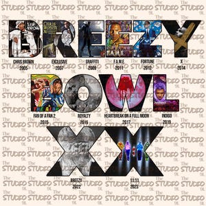 May include: A collage of album covers by Chris Brown, featuring the titles of his albums and the years they were released. The albums are arranged in a grid pattern, with the title "Breezy Bowl XX" at the top.