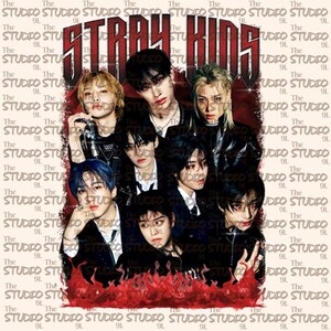 May include: A graphic featuring the text "STRAY KIDS" in a bold, distressed font above a collage of eight individuals. The image has a grunge aesthetic, with a red flame design at the bottom and repeated text in the background.