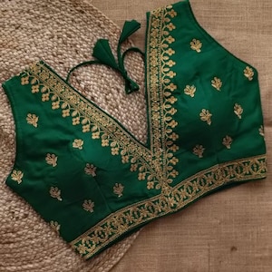 Zari Embroidered Silk Saree Blouse: Deep Neck Indian Wedding Choli