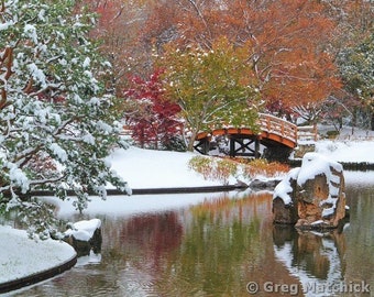 Fine Art Color Photography of Garden and Nature Scenery - A Lake and Bridge in a Japanese Garden With Snow and Autumn Foliage