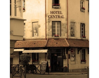 Fine Art Sepia Travel Photography of French Scene - "Hotel Central in Beaune"