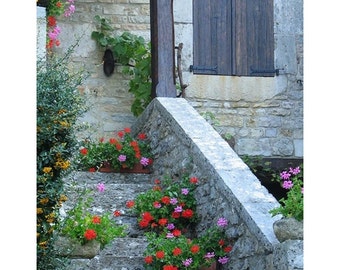 Fine Art Color Travel Photography of French Village - "Steps and Flowers in Loubressac"