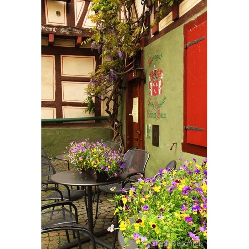 Fine Art Color Travel Photography of Cafe and Flowers in Bacharach, Germany image 1