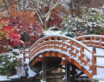 Fine Art Color Photography of Garden and Nature Scenery - A Bridge in a Japanese Garden With Snow and Autumn Foliage