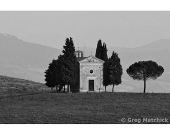 Fine Art Black & White Photography of Landscape in Tuscany Italy - "Chapel in the Tuscan Landscape"