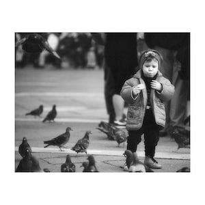 Fine Art Black & White Venice Photography of Little Girl in Piazza San Marco With Pigeons - &quot;Who&#39;s Feeding Whom?&quot;
