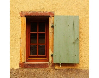 Fine Art Color Travel Photography of a Window Green Shutter and Yellow Wall in Alsace France