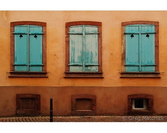 Fine Art Color Architecture Photography of a Three Turquoise Shutters in Colmar France