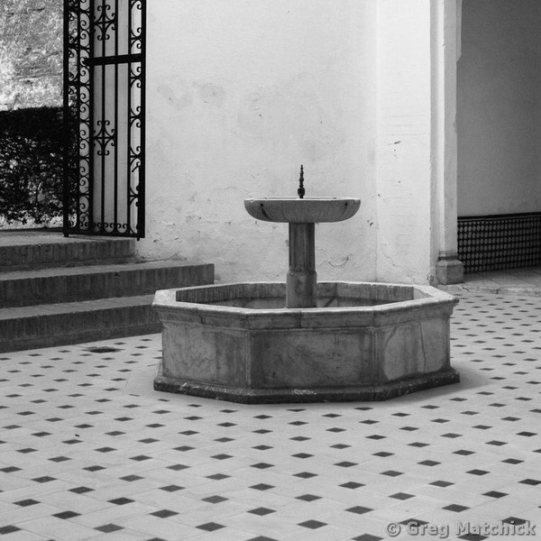 Fine Art Black & White Photography of Moorish Architecture - "Fountain in an Alcazar Courtyard" - Square Print