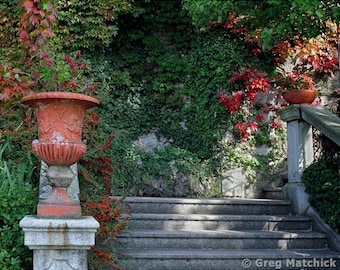 Fine Art Color Garden Landscape Photography - "Urn and Steps at Lake Como" (Italy)