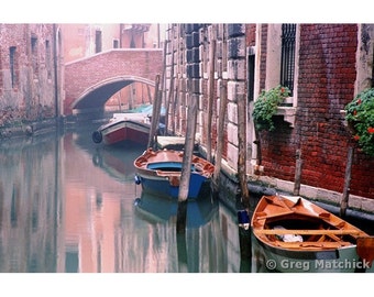 Fine Art Color Travel Photography of Boats and Canal in Venice - "Boats Bridge and Reflections"