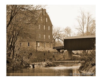 Fine Art Sepia Photography of Old Bollinger Mill and Covered Bridge