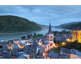 Fine Art Color Travel Photography of the Rhine River and Bacharach Germany Cityscape at Twilight