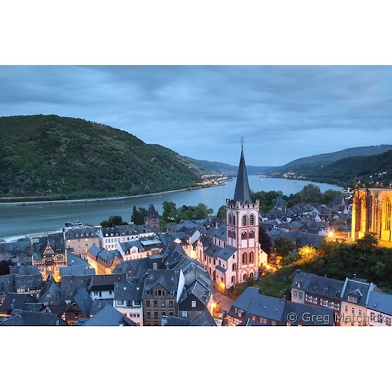 Fine Art Color Travel Photography of the Rhine River and Bacharach Germany Cityscape at Twilight