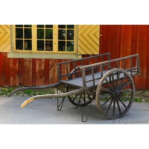 Fine Art Color Photography of Rustic Cart and Yellow Shutters in Sweden