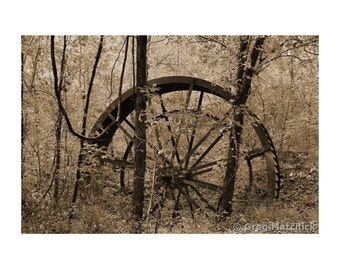 Fine Art Sepia Photography of the Waterwheel From an Abandoned Mill in the Forest