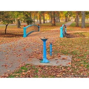 Fine Art Color Photography of Blue Bridge and Fountain in Tower Grove Park in Autumn