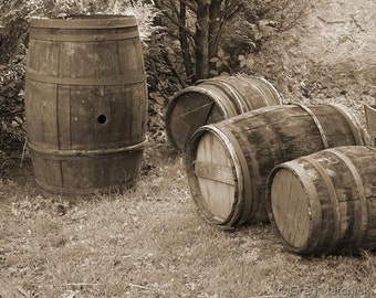 Fine Art Sepia Photography of French Wine Barrels - "Four Loire Wine Barrels"